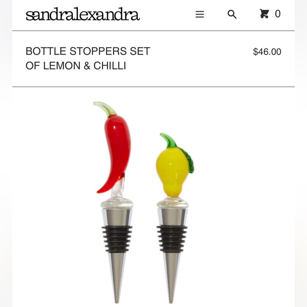 Sandra Alexandra Glass Lemon & Chili Pepper Bottle Stoppers Set of 2 New in Box